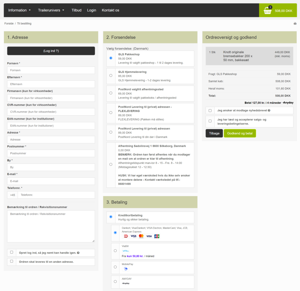 Oplysninger forsendelse og betalingsmetode